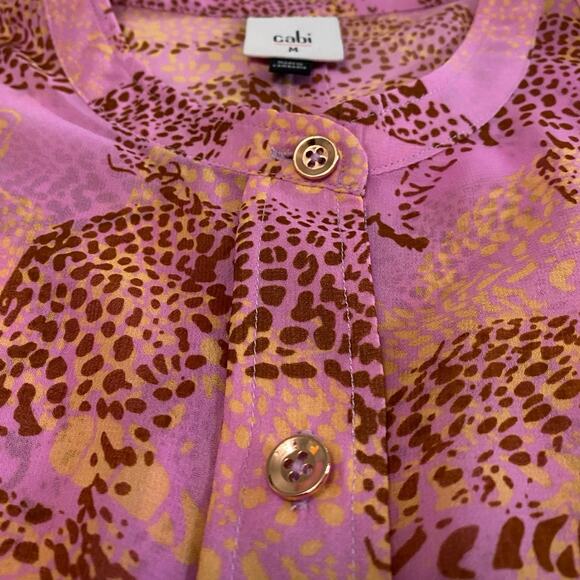 Cabi #5711 Minx Leopard Button-Down Blouse Flutter / Bell Sleeve Sheer Pink Sz M - Picture 6 of 9
